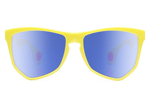 NYLAARN Bio-Yellow “Mud Flaps” Blend Sunglasses - Auto-Darkening Rosé-to-Gray + Blue Mirror Lens