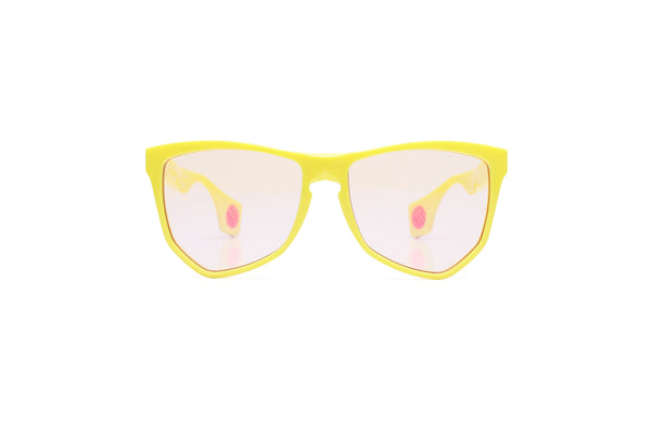 NYLAARN Bio-Yellow “Mud Flaps” Blend Sunglasses - Auto-Darkening Rosé-to-Gray + Blue Mirror Lens