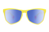 NYLAARN Bio-Yellow “Mud Flaps” Blend Sunglasses - Auto-Darkening Rosé-to-Gray + Blue Mirror Lens